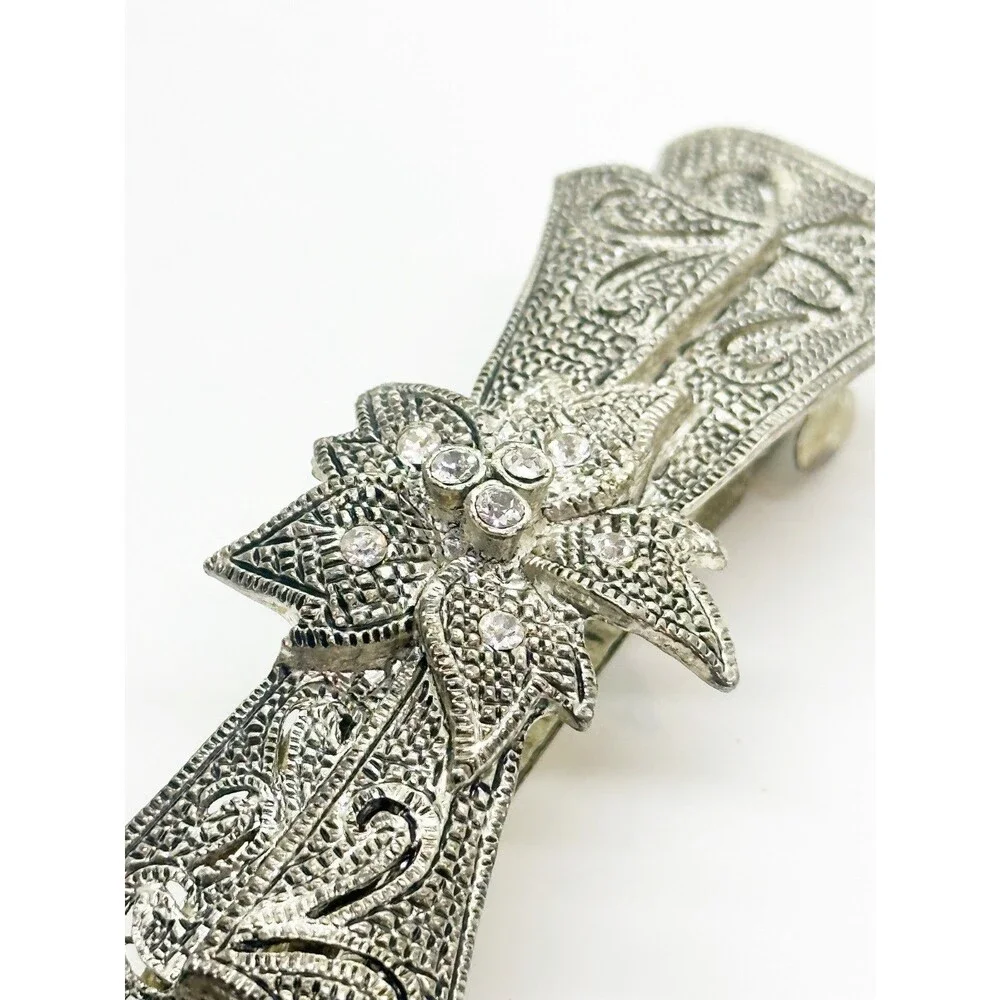 Floral Hair Barrette Marcasite Look With Rhinestones 3.25